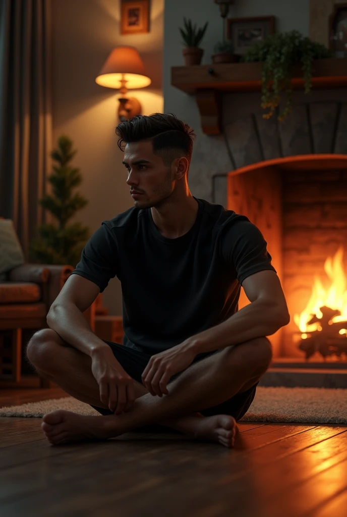 I want you to make James Rodriguez in a black t-shirt and beach shorts,sitting on the floor, looking at the fireplace in the house