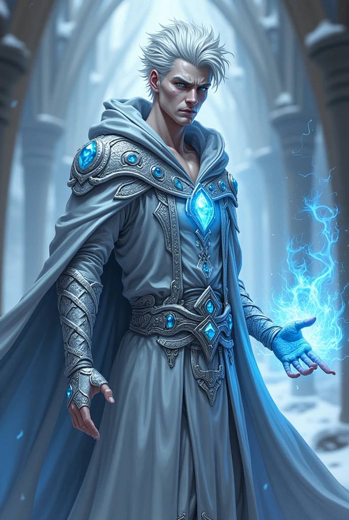 dnd, dungeons and dragons, snake man, normal round human ears, serpent, snake guy, sorcerer, slender, ice magic, cold magic, magic, casting a spell, solo, single person, portrait, action pose, pale white skin, symmetrical silver snake scales on face, medium spiky white hair, light blue snake eyes, reptile eyes, handsome, male, anime, comic, graphic novel, ornate silver robes with hood, silver jewelry with blue gems, noble, rich, frost magic, ((masterpiece, best quality)), trending artwork