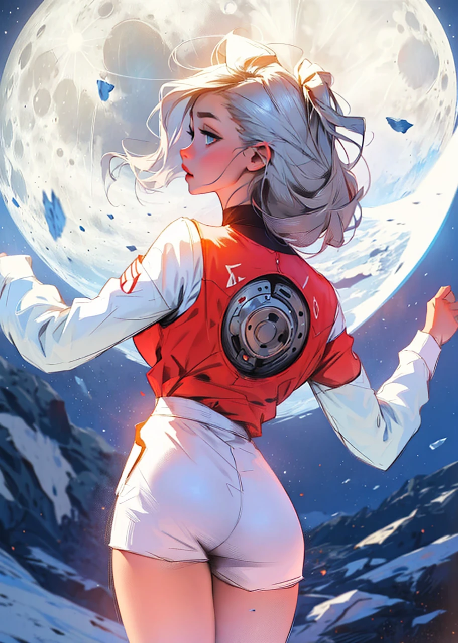 Lunar landscape. A girl looking forward, turning your back to the camera, with a dynamic pose.