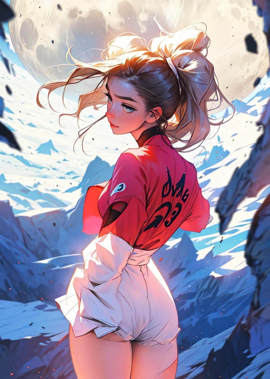 Lunar landscape. A girl looking forward, turning your back to the camera, with a dynamic pose.