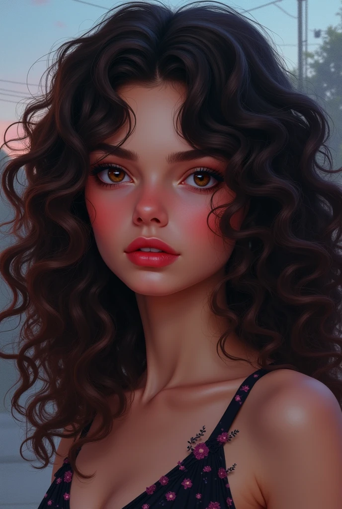 curly haired girl, long hair, thick and pink lips, dark shaped eyes, gamer woman, styled, Disney movies