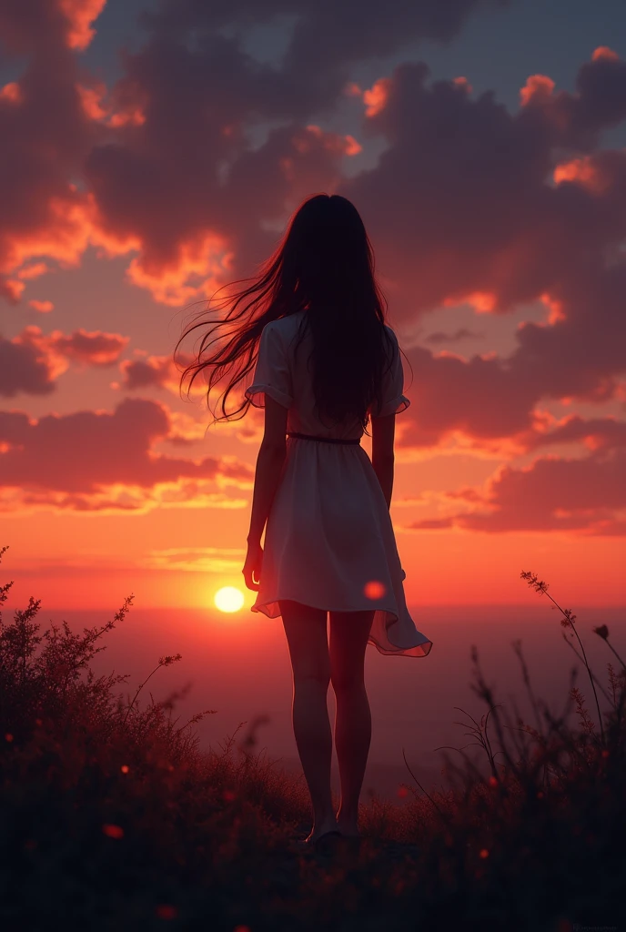 young woman aged 21 from behind looking at a sunset