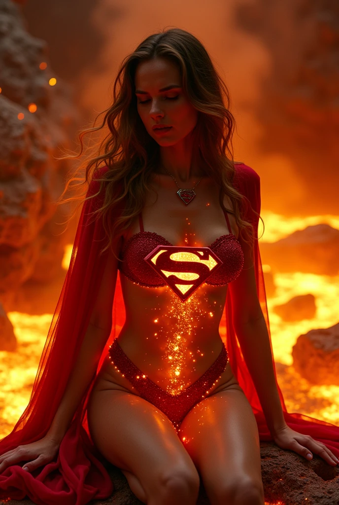 SUPERGIRL. LAVA FLOW TRAIL FLOWING OUT OF HER PUSSY, LAVA TRAIL SPEWING OUR OF HER VAGINA, LAVA TRAIL GUSHING OUT OF HER CLIT. WEARING A SUPERGIRL COSTUME AND CAPE SITTING ON A LAVA CHAMBER, PARTIALLY NUDE AS LAVA SPEWS AND FLOWS OUT FROM HER VAGINA AND PUSSY. ARCHED BACK MOANING AS SHE GRABS HER BOOBS.