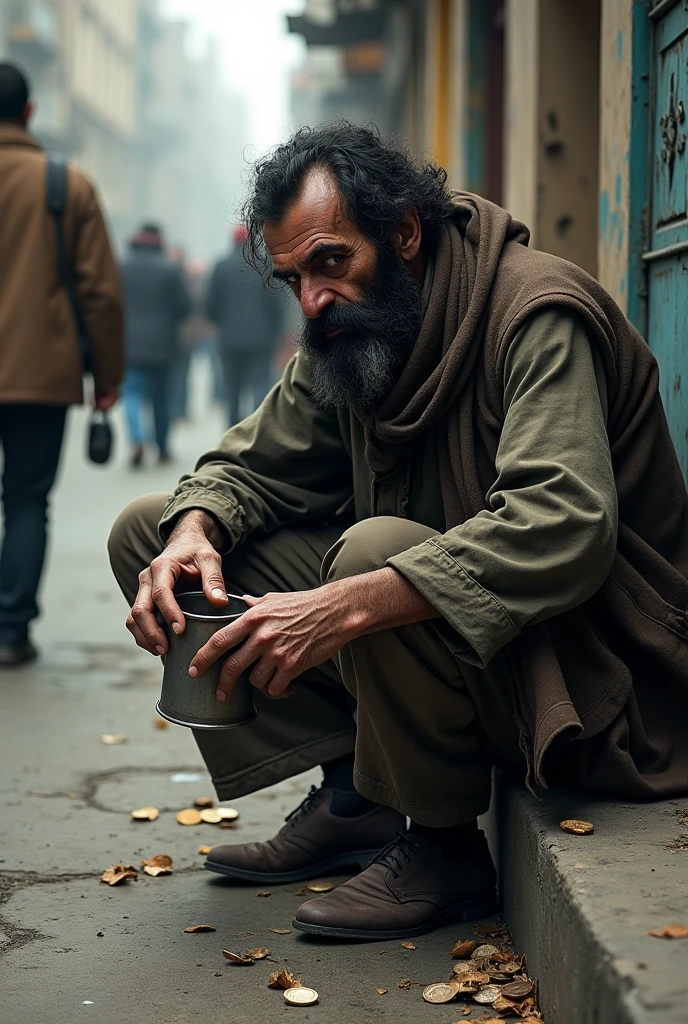 A black bearded beggar man sitting on the street asking for money