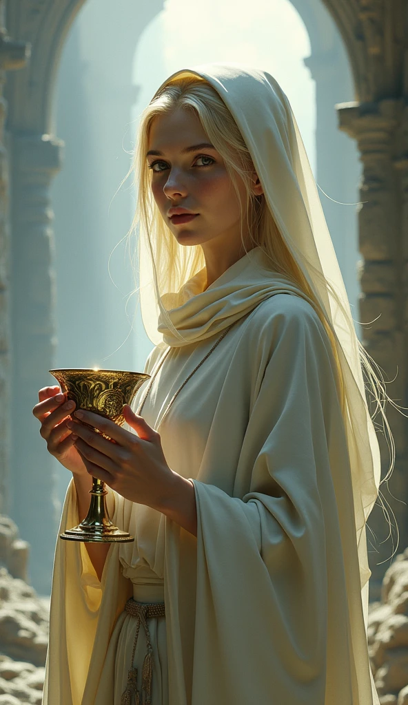 Very beautiful woman, Blonde, Monk, Fantasy, Holding the sacred vessels, slim, Small breasts