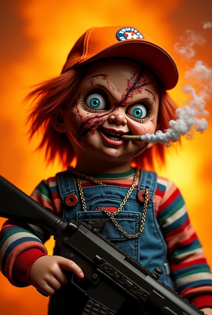 Chucky doll with orange Houston Astros cap, with his face all cut up and full of scars, smoking a joint and making a lot of smoke, with several cuban link chains around his neck holding an ak-47, orange background in the image
