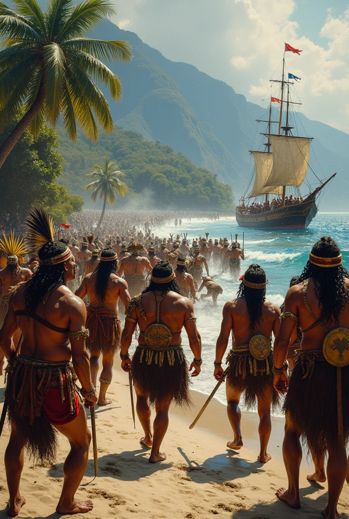 Colombian natives against the Spanish invaders who came in ships 