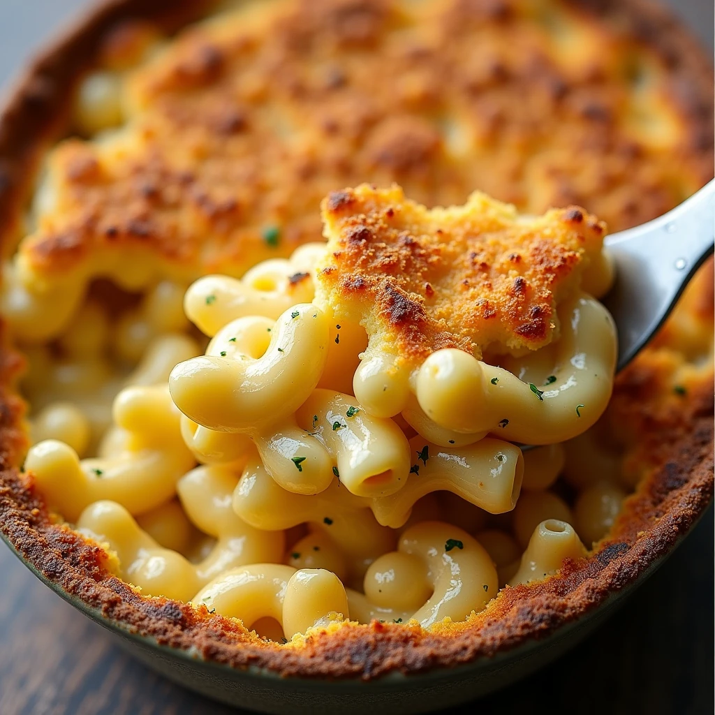 Macaroni and Cheese with Truffle in Bread Crust: Macaroni pasta in a creamy truffle cheese sauce, covered with a crispy layer of golden bread and gratinated.