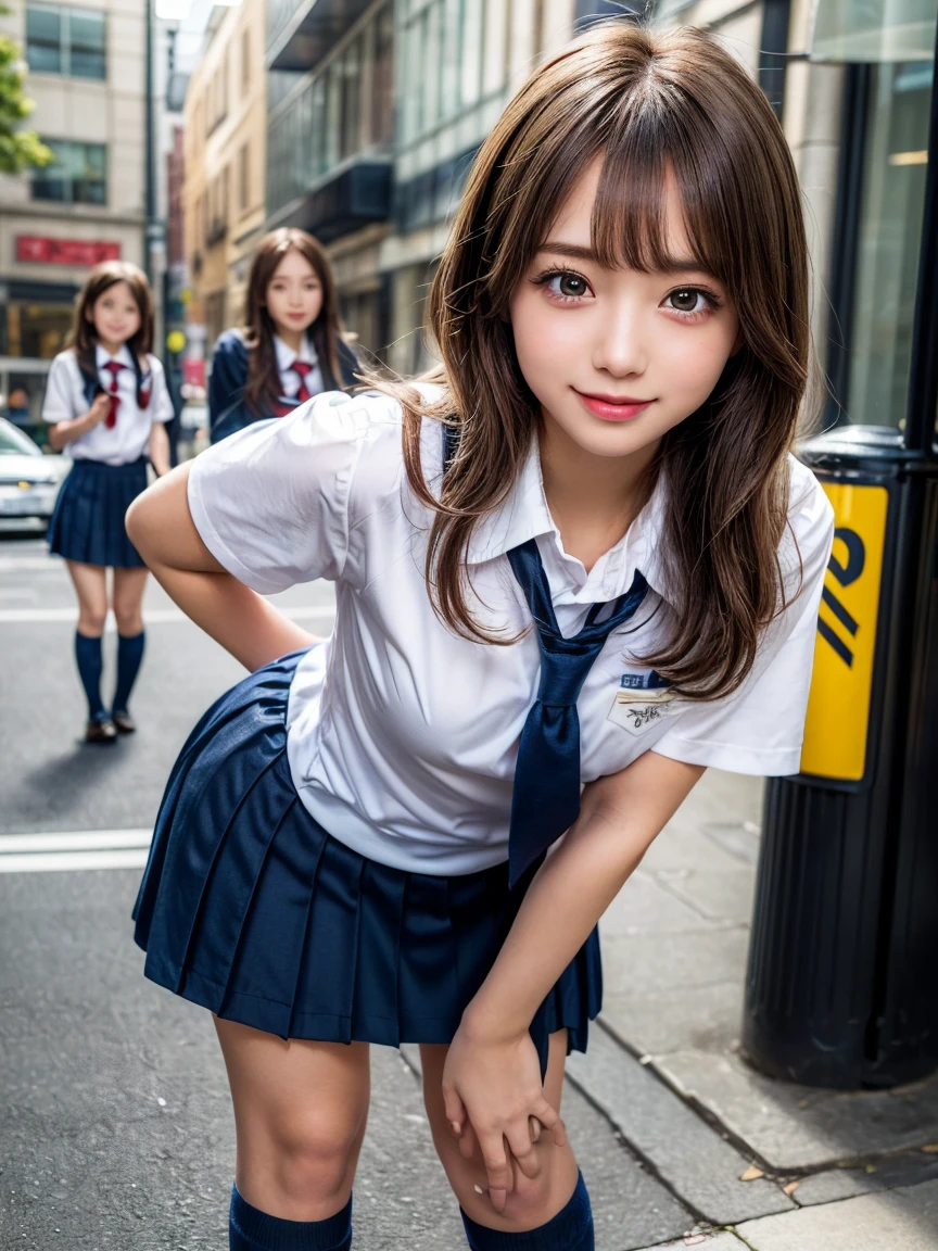 Browsing Caution, ((masterpiece)), ((Highest quality)), (Very detailedな), ((cute)), cute, (Multi-point), ((sexy)), (device), ((Very detailed)), 4K, (8k), Highest quality, (beautiful), hyper cute face, shape, Anime Style,hyper Genuineistic, Genuine, ((Navy high socks and brown loafers))、 ((From face to feet)), close, Thick outline, Clear contours, (One Girl, 3 cute girls:1.5), (Schoolgirl Uniform :1.5), City Sidewalk、Rear view of a person waiting at a traffic light、beautiful light brown hair, beautiful brown eyes, ((beautiful eyes)), (Leaning forward:1.5), (Under the skirt:1.5), short hair, Big Breasts, smile
