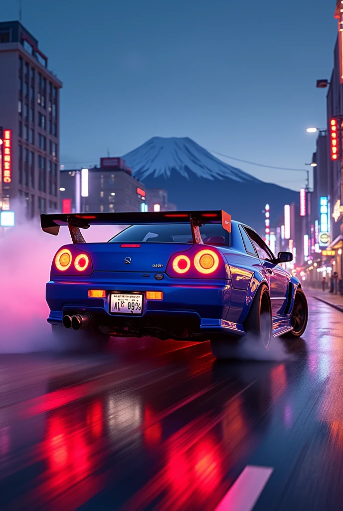 can u make a nissan skyline r 34 with body kit in midnight city drifting fuji mountain in japan with neon under the car and wheels smoke and its midnight show mw the car from the back and add flames make it real not cartoon