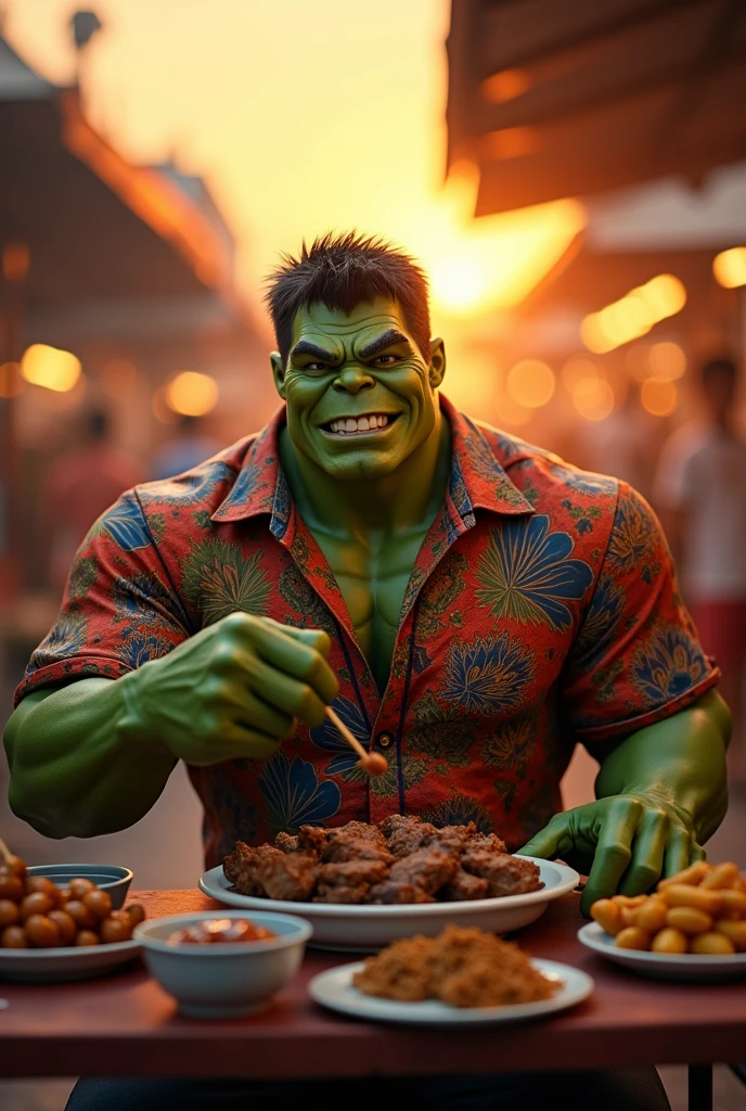 Nice and friendly Dr. Hulk wears batik, he orders lamb satay at Indonesian street food market place at late afternoon with beautiful sunset