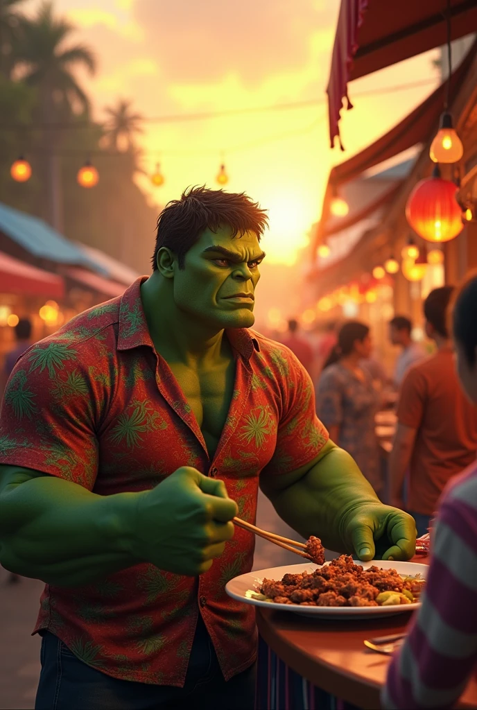 Nice and friendly Dr. Hulk wears batik, he orders lamb satay at Indonesian street food market place at late afternoon with beautiful sunset