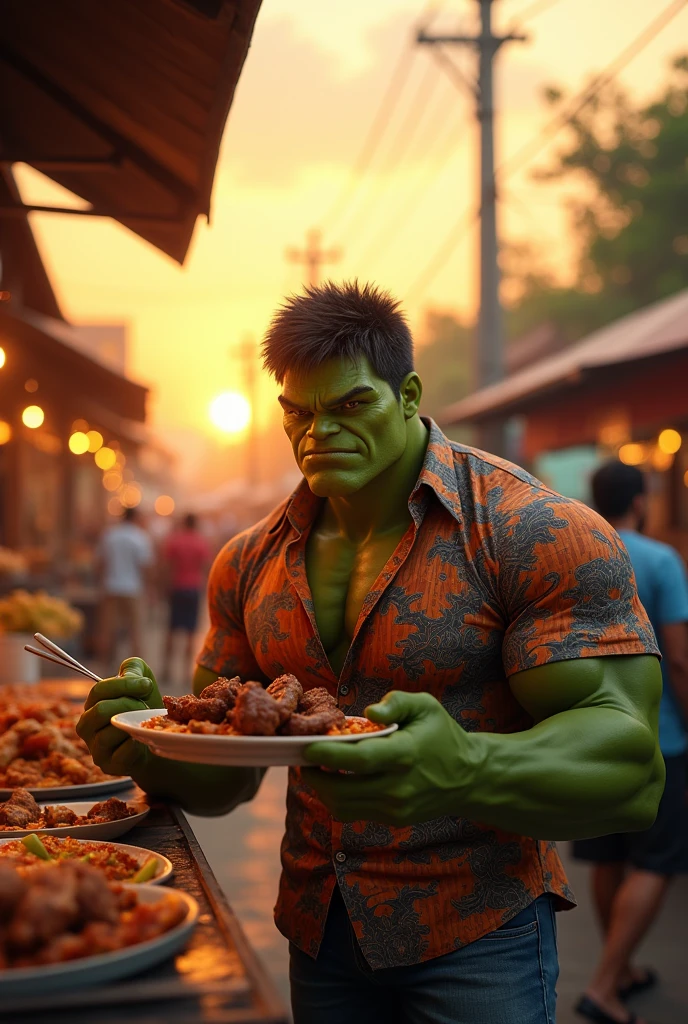 Nice and friendly Dr. Hulk wears batik, he orders lamb satay at Indonesian street food market place at late afternoon with beautiful sunset