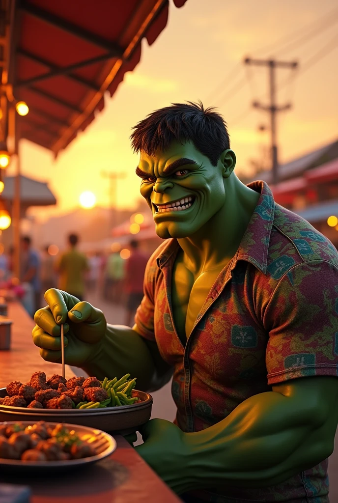 Nice and friendly Dr. Hulk wears batik, he orders lamb satay at Indonesian street food market place at late afternoon with beautiful sunset