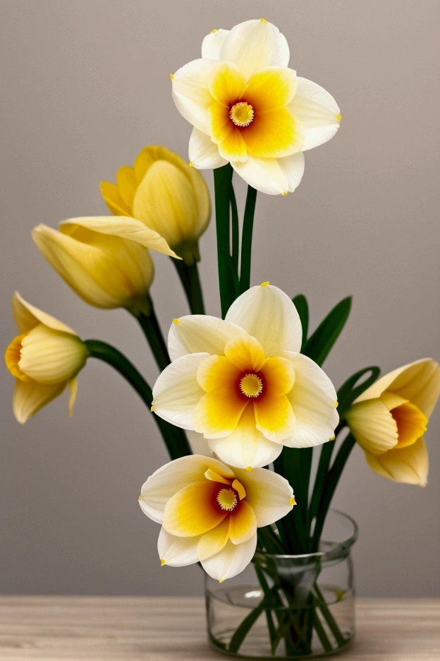 Here is a detailed description for the image of a flower based on the initials "N J":

A close-up of a delicate white daffodil (Narcissus) with a bright yellow center, glowing in a soft morning light. The flower has delicate, smooth petals that curve slightly outward, with a subtle sheen. In the background, soft, green leaves blur in a bokeh effect, giving the scene a calm and peaceful atmosphere. The daffodil symbolizes fresh beginnings and purity, fitting with the initials "N J."