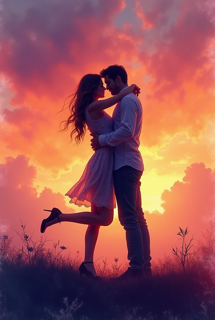 Cover for the book "a thousand kisses from a boy"by Tillie Cole Emotional and Deep:
imageio: A kiss in the middle of a sunset scene, with silhouettes of a couple embracing in the foreground.
detaileds: The image can be in a watercolor style or with vibrant colors that represent passion and pain.. The title and author can be in a simpler font so as not to compete with the image..
