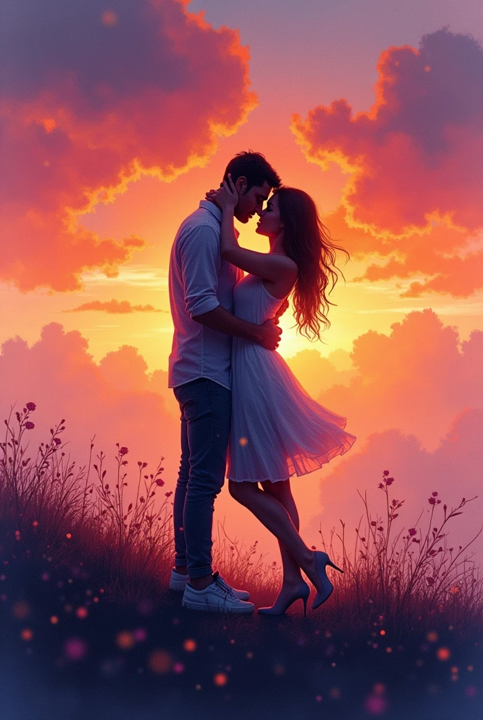 Cover for the book "a thousand kisses from a boy"by Tillie Cole Emotional and Deep:
imageio: A kiss in the middle of a sunset scene, with silhouettes of a couple embracing in the foreground.
detaileds: The image can be in a watercolor style or with vibrant colors that represent passion and pain.. The title and author can be in a simpler font so as not to compete with the image..