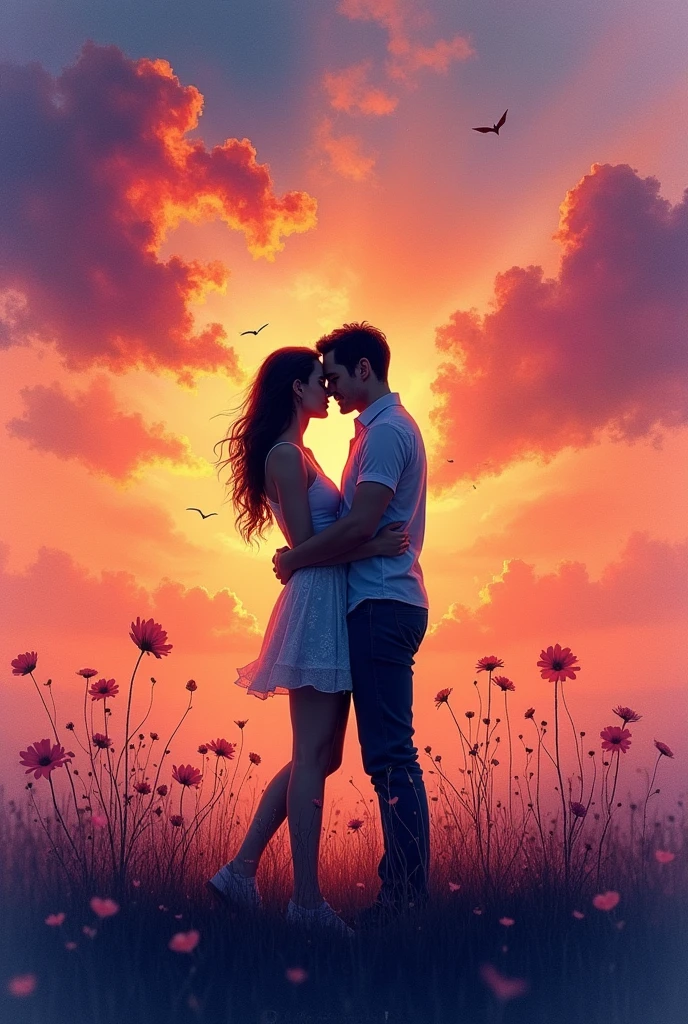 Cover for the book "a thousand kisses from a boy"by Tillie Cole Emotional and Deep:
imageio: A kiss in the middle of a sunset scene, with silhouettes of a couple embracing in the foreground.
detaileds: The image can be in a watercolor style or with vibrant colors that represent passion and pain.. The title and author can be in a simpler font so as not to compete with the image..
