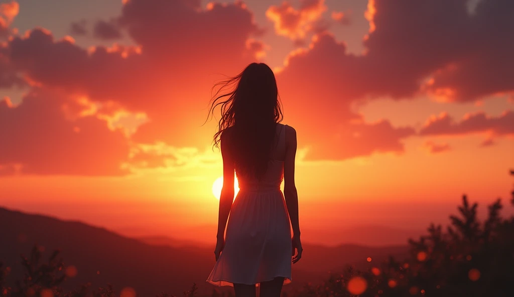 young woman aged 21 from behind looking at a sunset
