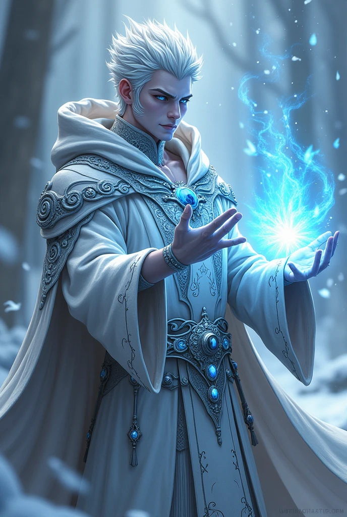 dnd, dungeons and dragons, snake man, normal round human ears, serpent, snake guy, sorcerer, slender, ice magic, cold magic, magic, casting a spell, solo, single person, portrait, action pose, pale white skin, symmetrical silver snake scales on face, medium spiky white hair, light blue snake eyes, reptile eyes, handsome, male, anime, comic, graphic novel, ornate silver robes with hood, silver jewelry with blue gems, noble, rich, frost magic, ((masterpiece, best quality)), trending artwork