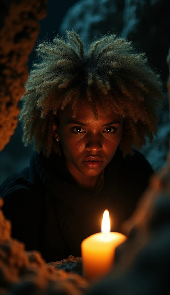 photograph of a woman, (disturbed facial expression), texturized skin, shiver, afro blonde hair, plaid flannel shirt with distressed boyfriend jeans, cowboy shot, dark and mysterious cave with unique rock formations and hidden wonders, perfects eyes, (candle light,Bright dark), Support 160 colors, Shot on ARRI ALEXA 65, bokeh, sharp focus on the subject, filmed by Don McCullin