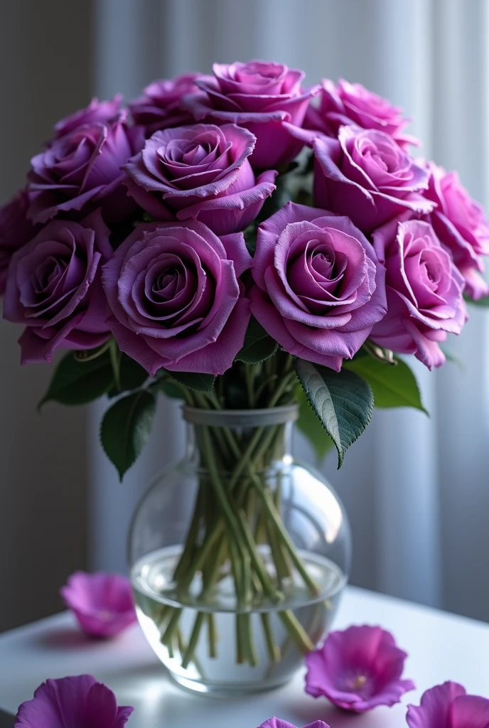 A vase of beautiful purple roses