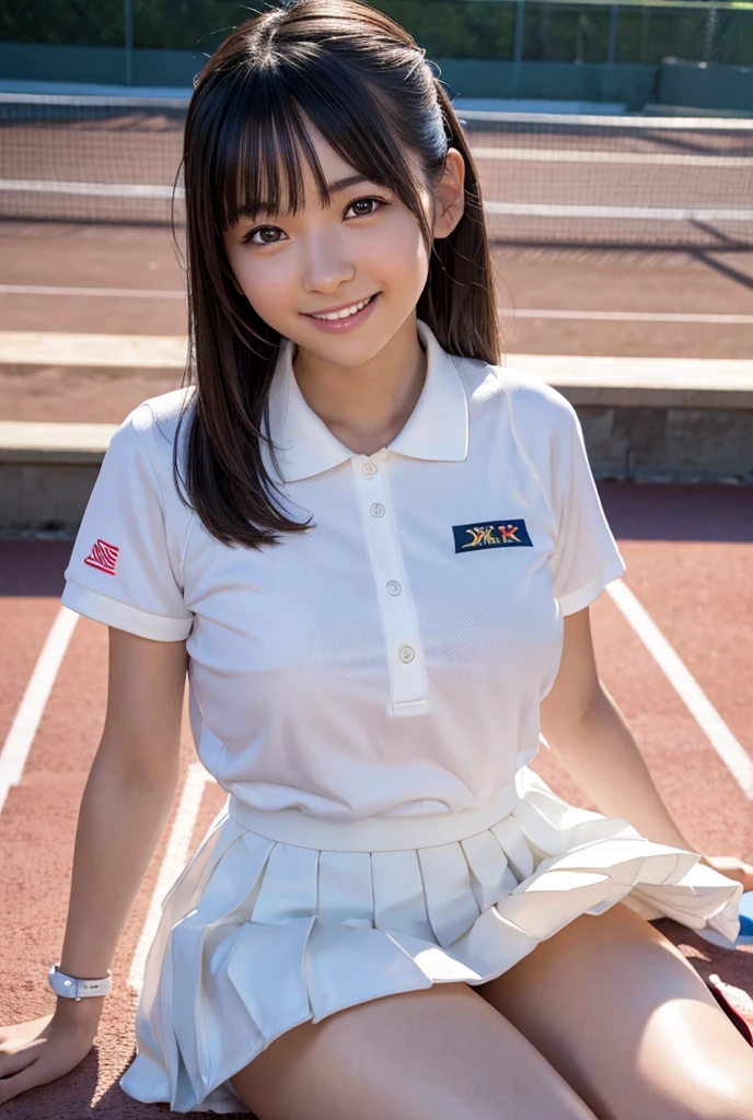 Cute Japanese  Idol、Sitting on a tennis court、Tennis Courts、White thin uniform、The strong wind is blowing her skirt up、High resolution, masterpiece, Accurate, Anatomically correct, number々Awards for, 最高quality, Attention to detail, High resolutionモデル, 高quality, quality, Very detailed, Textured skin, 超High resolution, Shortcuts, smile, Valletta, 8k octane, 3D Rendering, 