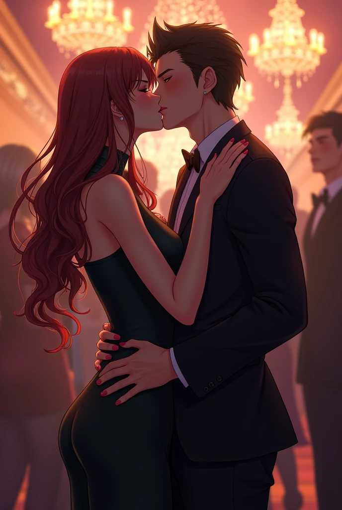 Zen and V from the otome game mystic messenger kiss at a party because they are drunk