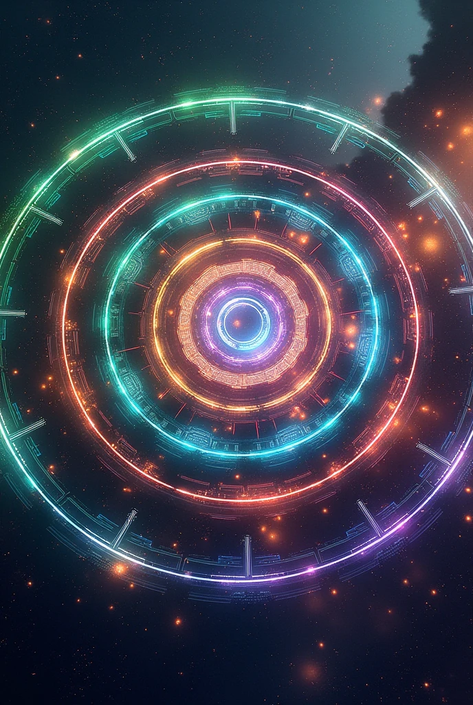 Create a technological universe with a central core surrounded by 5 rings which are divided into 5 green zones, blue, orange, purple and red