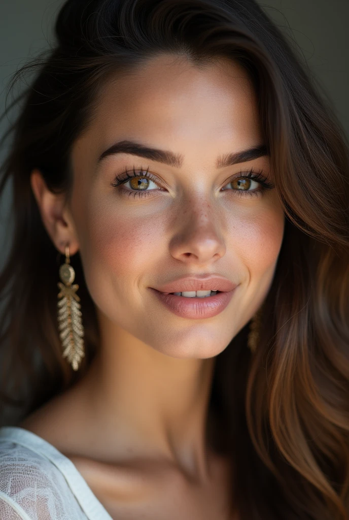 Portrait dune femme fait avec l’appareil photo D850. La femme est brune avec des cheuveux brun avec des reflets clair des yeux noisette en amande et de long cil. Elle doit aussi avoir des taches de rousseur un petit frond et une bouche. Elle a des faussette. Elle porte plusieur boucle d’oreille