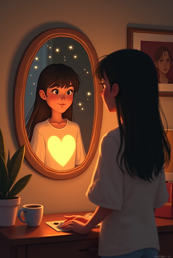 Design an image of a person standing in front of a mirror in a softly lit room. The reflection shows not just their face but a glowing heart at their chest, symbolizing the good they hold inside. The mirror is framed by small twinkling stars representing their inner strength and potential. Surrounding them are simple everyday objects like a cup of coffee, a book and a potted plant, symbolizing the simple things that can bring joy and change to their day. The overall mood should be warm and introspective.