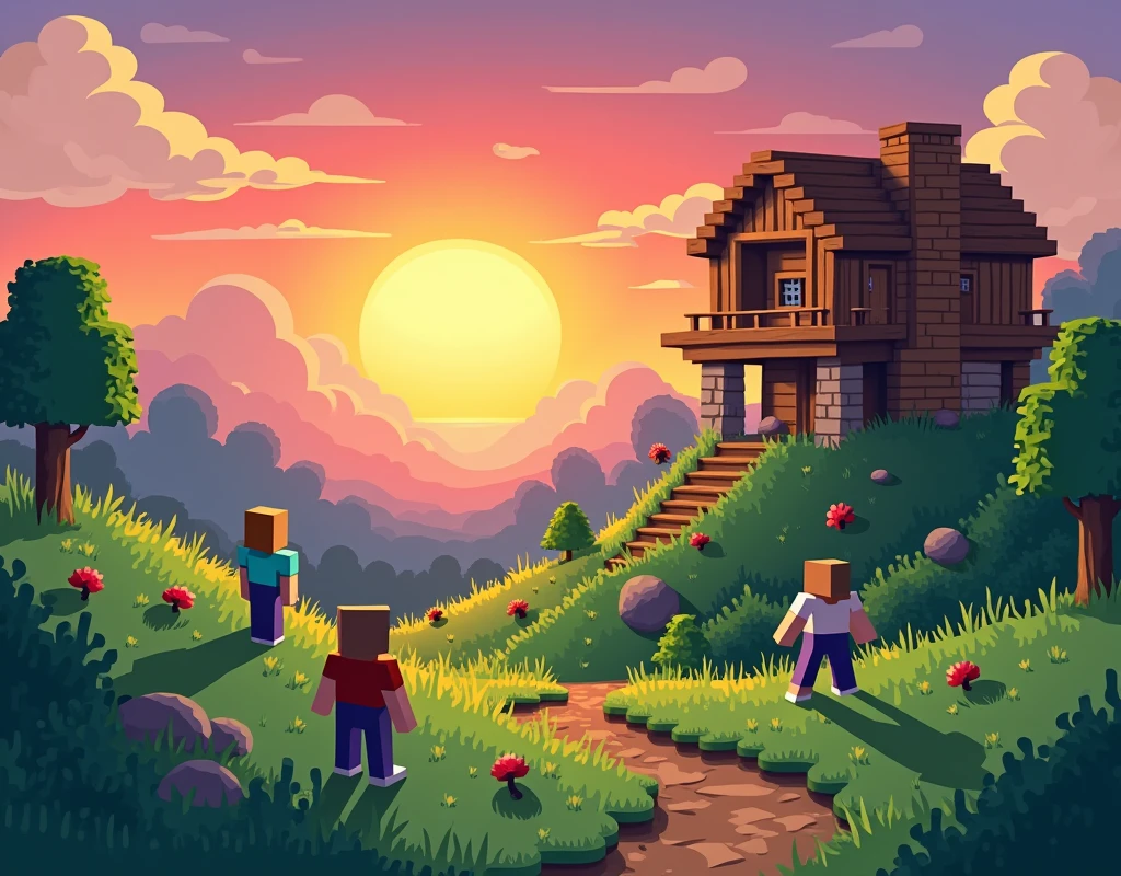cartoon a landscape in minecraft with a house being built in the background with a sunset