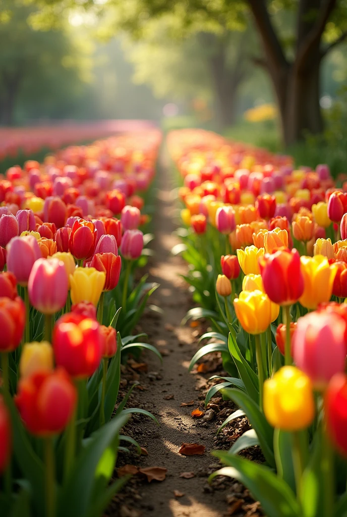 A garden of tulips of various colors