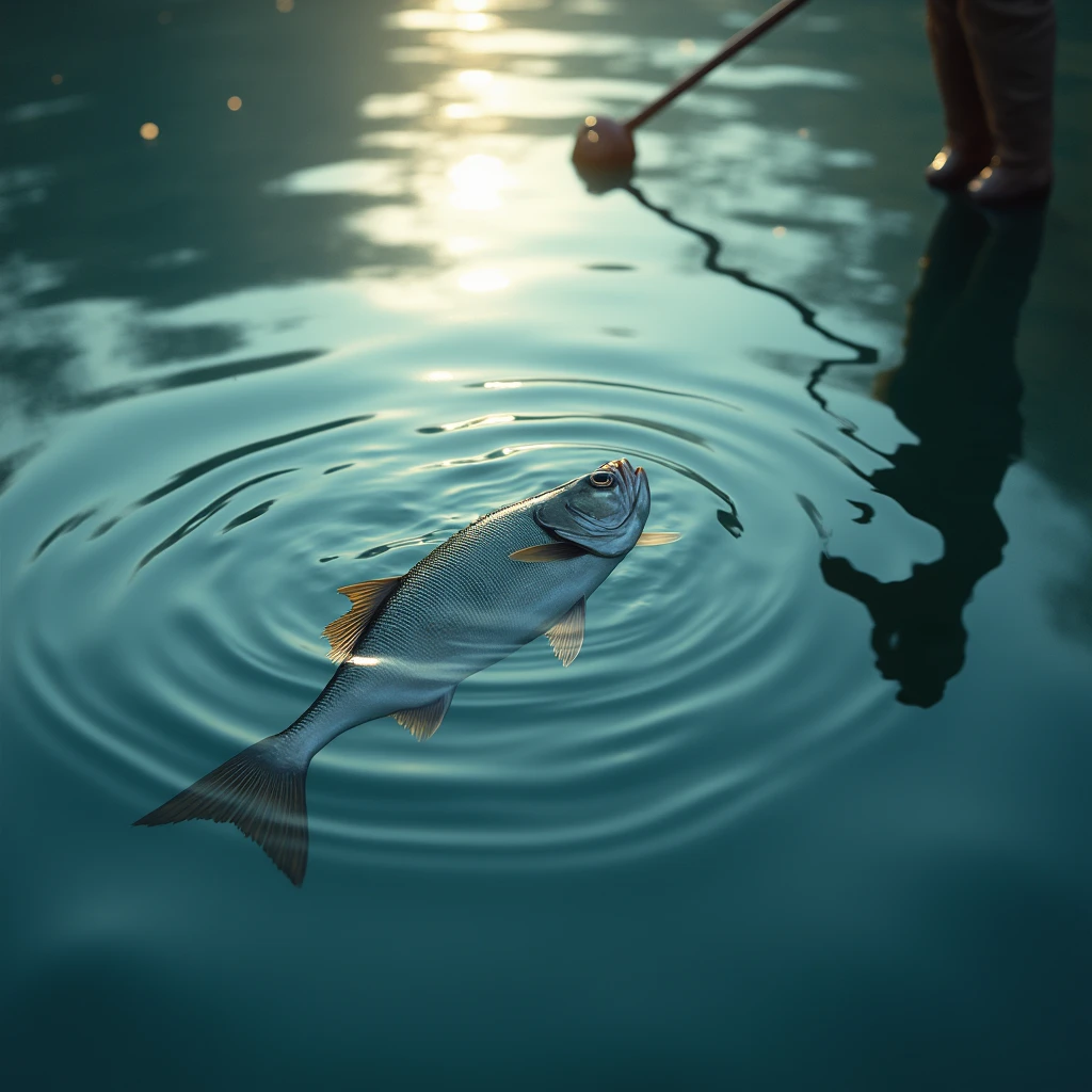 Looking up from the water, the shimmering surface of the water, the mark of the fisherman, and the caught fish,