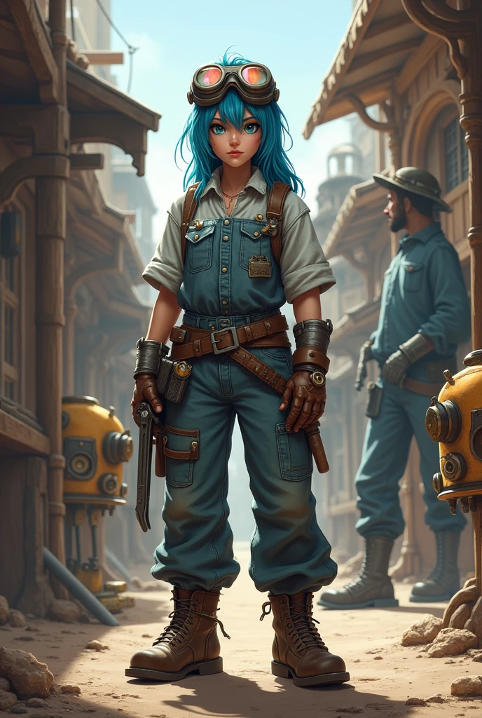 She is woman standing around 1.70 meters tall. She has blue hair, blue eyes, and wears welding goggles on her head. Her skin is fair, and she dresses in a jumpsuit over a shirt and pants, with iron boots. She carries tools in the pockets of her jumpsuit and is surrounded by steampunk-style robots. The character should be styled in a fantasy RPG art style and set in the Old West. i would like her in a more mature way
