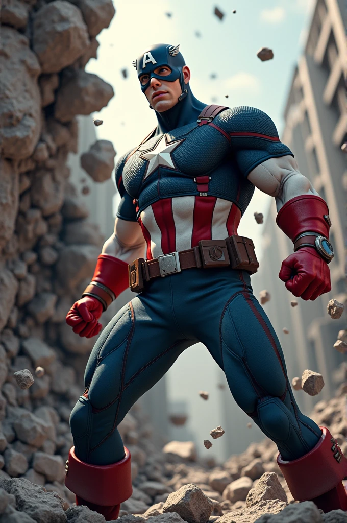 Captain America breaking a wall with a punch