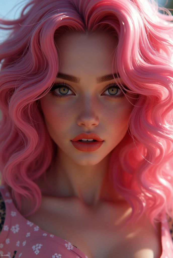 moça de  cabelo enrolado styled 3b, long hair, thick and pink lips, dark shaped eyes, broad face, gamer woman, styled, Disney movies