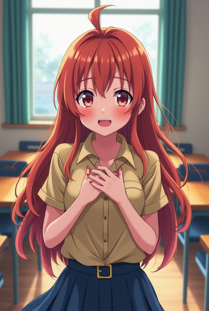 Popular anime school style old girl inside a classroom with a happy and passionate face holding her own hands while her face is all red with embarrassment with long big hair and a teenager's posture and with a very flashy body