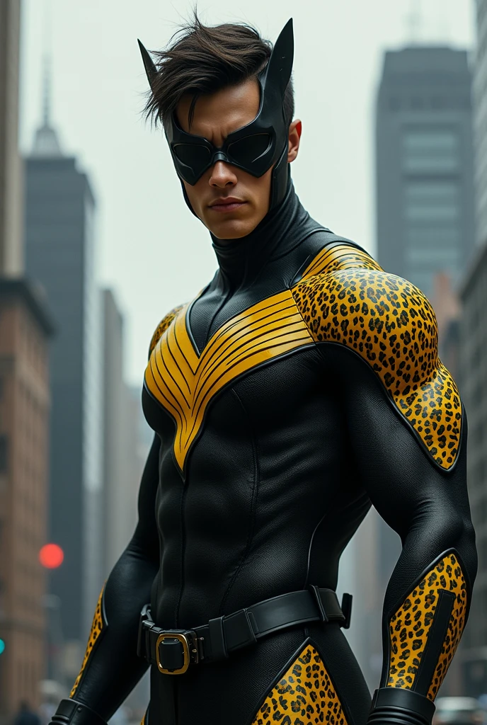 A young man who is a Marvel superhero, his suit is black and yellow leopard and he has a mask.