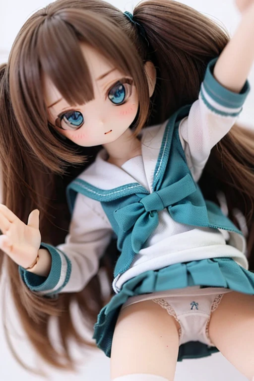 Doll、Doll、delicate、detailed、high quality、High resolution、4hair、high quality、long Hair、long hair、Brown Hair Color、Turquoise Eyes、uniform、high school student、Sailor suit、Ultra-mini pleated skirt、loose socks、Pure white panties、Shiny panty fabric、Crotch close-up