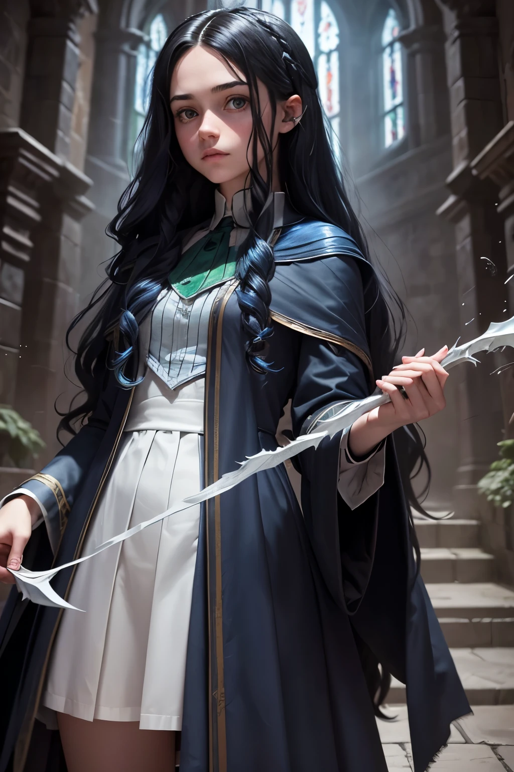 adolescent, 15 years, Long wavy black hair with a blue streak, grey eyes, White skin, parts, magical world, Hogwarts, Slytherin, Full uniform, The Noble and Most Ancient House of Black, Weirdsister College, Hija de Ethel Hallow, Nick Hobbes' daughter, dark magic, potions, Realistic style, Best Quality, HD.