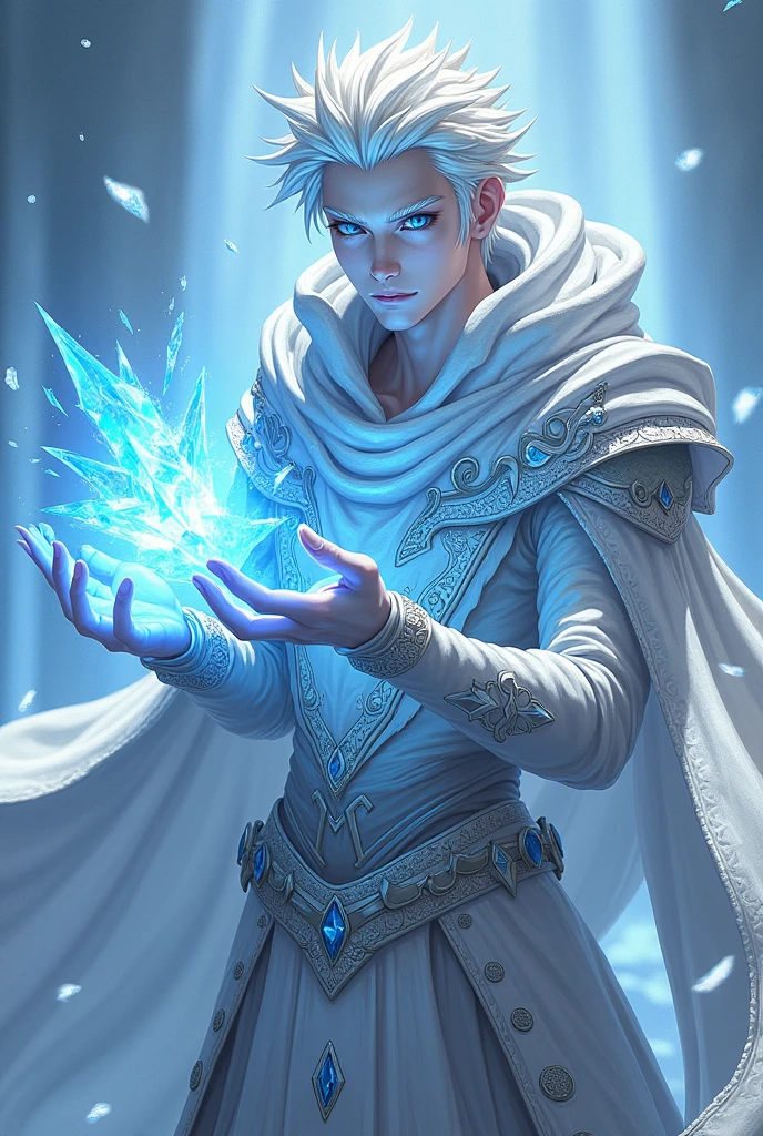 dnd, dungeons and dragons, snake man, normal round human ears, serpent, snake guy, sorcerer, slender, ice magic, cold magic, magic, casting a spell, solo, single person, portrait, action pose, pale white skin, symmetrical silver snake scales on face, medium spiky white hair, light blue snake eyes, reptile eyes, handsome, male, anime, comic, graphic novel, ornate silver robes with hood, silver jewelry with blue gems, wealthy, noble, rich, frost magic, ((masterpiece, best quality)), trending artwork