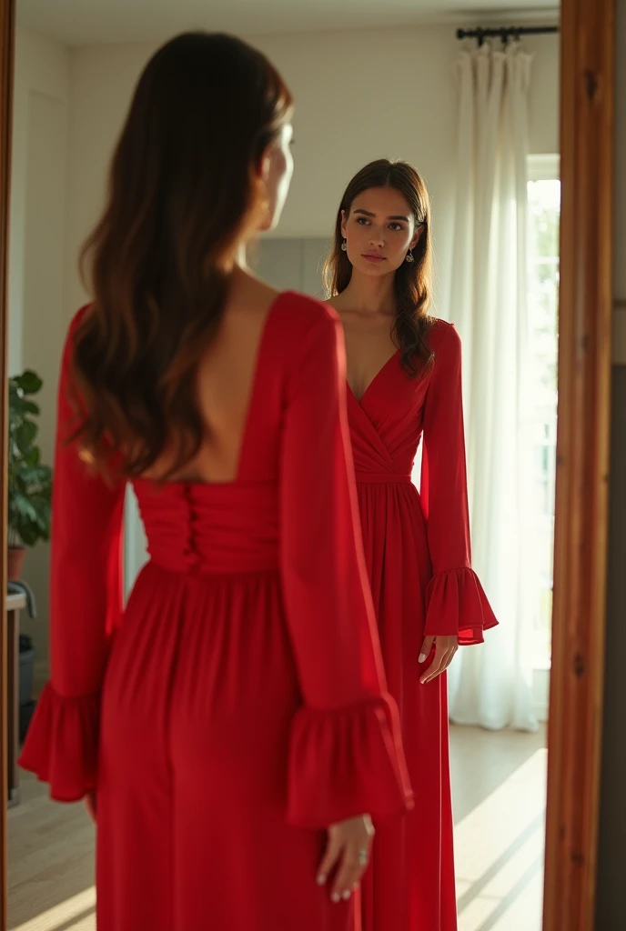 A woman standing in front of a large mirror looking at herself, thoughtful, wearing a red dress with long sleeves, covering her breasts, photo by full body, photography realistic, photorrealistic, HDR, sharp focus, proffesional, bright coloured, natural lighting
