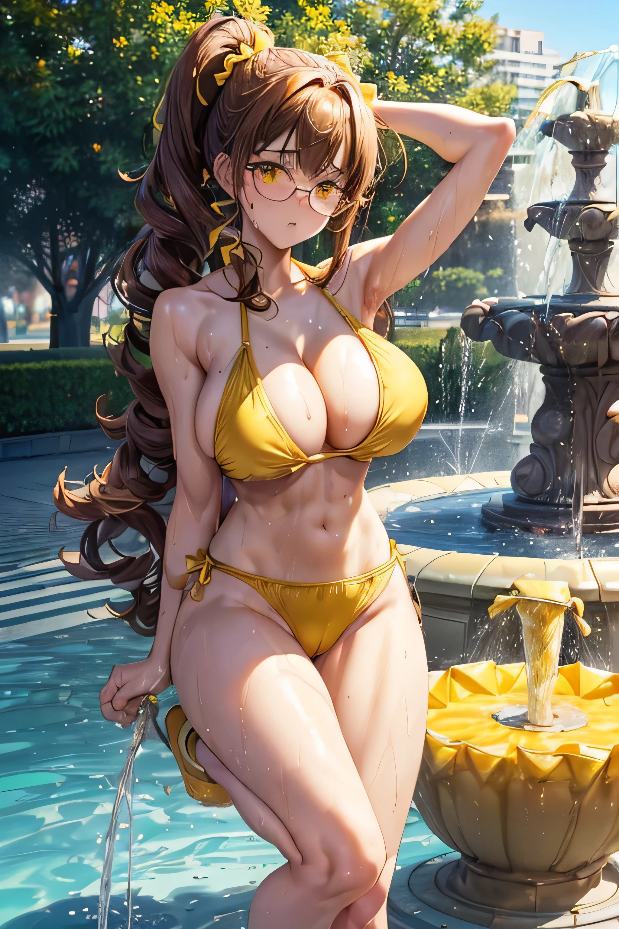 Big tits and big ass anime girl volleyball bikini,high school girl，((((High leg))))，((Highest quality, wonderful,8k, masterpiece :1.3)),(Erotic Body Twist:1.6),Brown long hair, Brown eyes, Green glasses,heart shaped pupils,Sunburned skin, (Super big breasts:1.6), HH-sized breasts,beautiful breasts,(Big Ass),beautiful ass,Embarrassed,sweat,Wet,open legs,Leg Split,((Put your arms behind your head)),(Urge to urinate:1.6),(Peeing:1.6),(Yellow pee:1.6),(bladder full:1.6),(girl:1.6),(Incontinent girl:1.6),(Urine fountain:1.6),