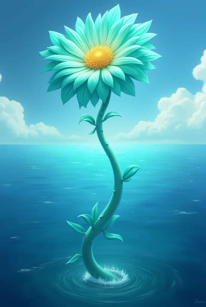 Turquoise flower in the middle of the sea that touched the sky with a long animated stem