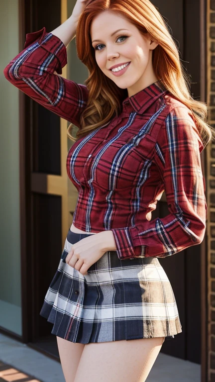 Maitland Ward wearing tight plaid shirt with sexy short mini skirt and smiling