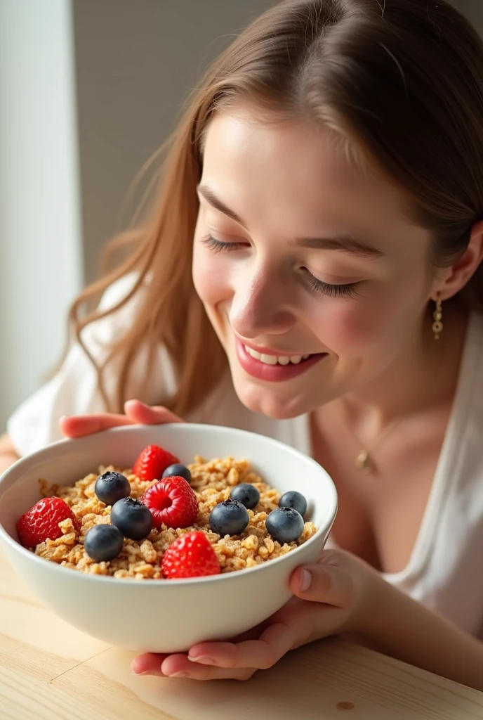 (photorealism:1.2)make a moodboard Person eating oatmeal Golden brown (for cereals and granola)
bright red (for strawberries)
Navy blue (for blueberries)
Beige natural o blanco (to put a palette of colors on the same level 