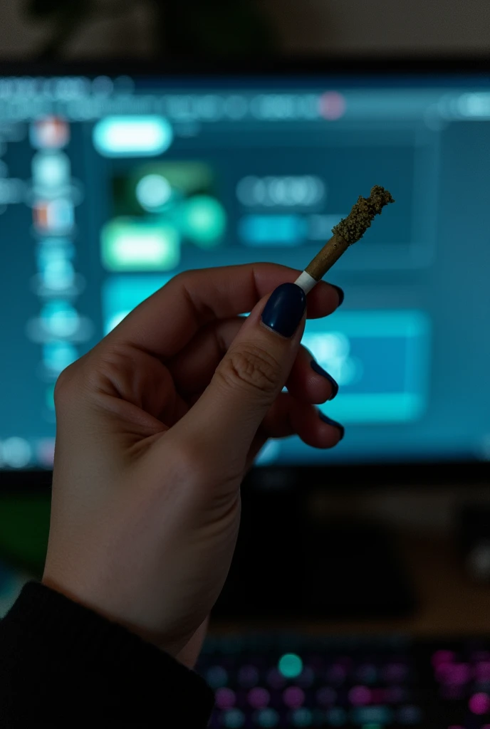 photo of monitor screen playing with marijuana cigarette between fingers
