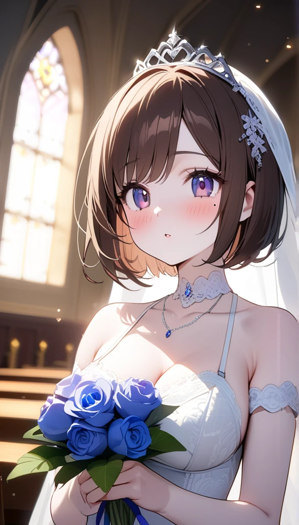 (1 person),(Best image quality, 8k, masterpiece:1.3), Anatomically correct, ((Brown hair bob cut:1.1)),(Swept-apart bangs,), (Cute eyes, Dark Eyes), (Mole under right eye), (thin), (Large Breasts),(Glowing Skin:1.1),(Pale skin:1.2),(Fantasyな雰囲気),(look up),Ultra-high resolution, Textured skin, Sparkle Effect, Fantasy,Bright Eyes,high school student,
wedding,church,
White lace bra,White lace panties,bride,White garter belt,Blue bouquet,Wedding dress,Off-the-shoulder dress,Silver Tiara,Veil,Silver Necklace,
Wait for a kiss, View your viewers, Happy, blush,