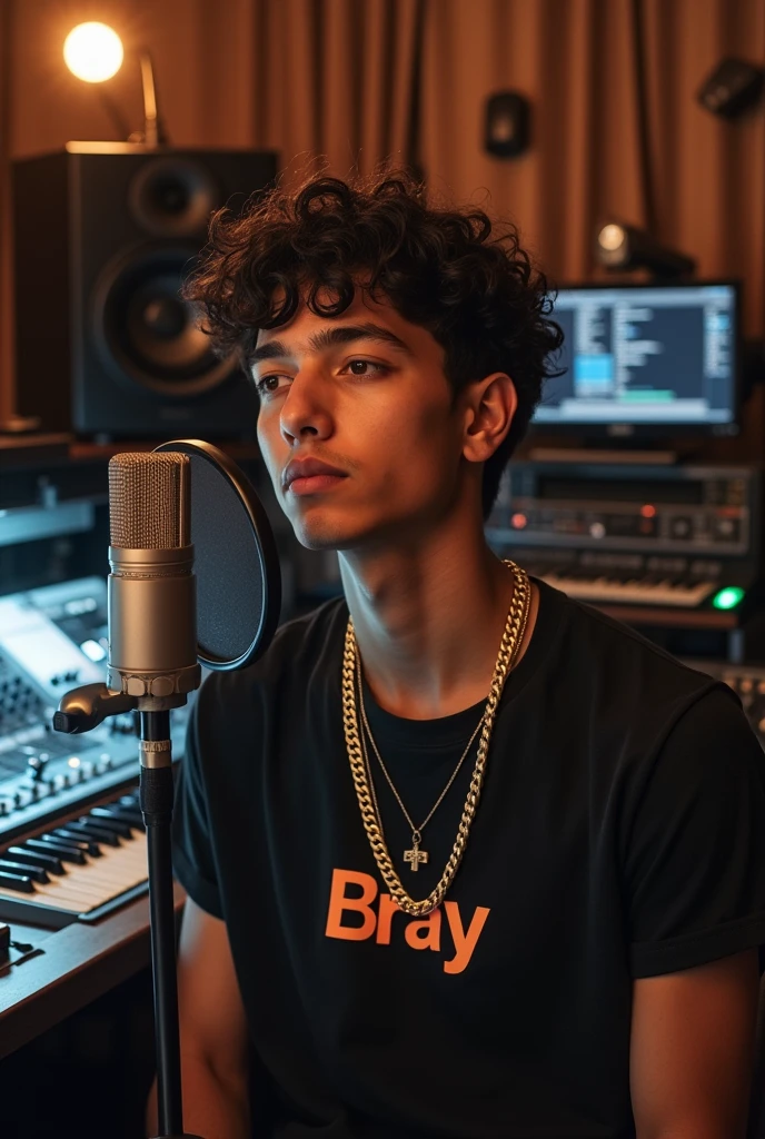 A 17 year old young man, moreno, in a music recording studio, with a golden chain that says "Bray". The young man is concentrating on recording music on the microphone